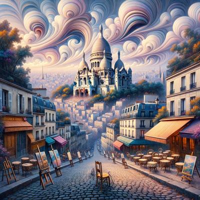 The primary subject of the image is a painting of a city street with a large castle in the background. The setting is a European city with a cobblestone street and buildings. The visual style is a painting, and the colors and mood are vibrant and lively.
